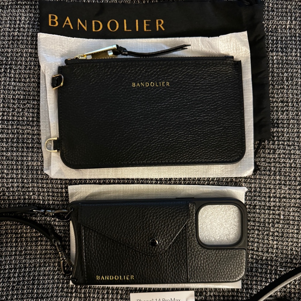 Bandolier Emma Blk Leather iPhone 14 Pro Max Case w/48-52" Leather Strap+Pouch